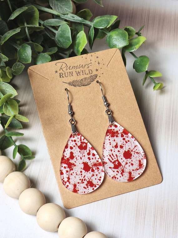 True Crime Earrings for Her, Bloody Handprint Halloween Earrings for Horror Lovers, Lightweight Teardrop Spooky Jewelry