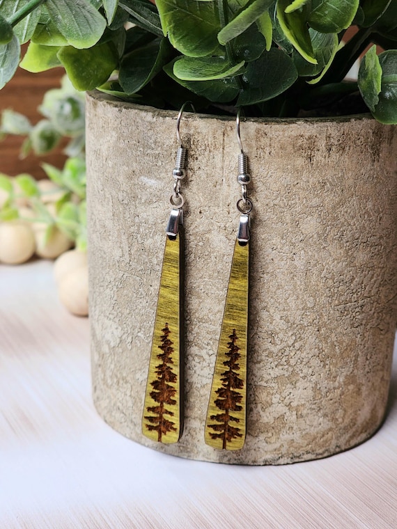 Boho Nature Earrings for Women, Thin Dangle Wood Earring with Engraved Trees for Everyday Wear, Green Hippie Earrings for the Minimalist