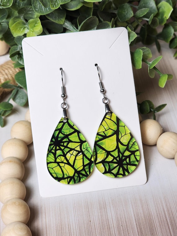 Green Spiderweb Halloween Earrings: Lightweight Teardrop Spooky Jewelry