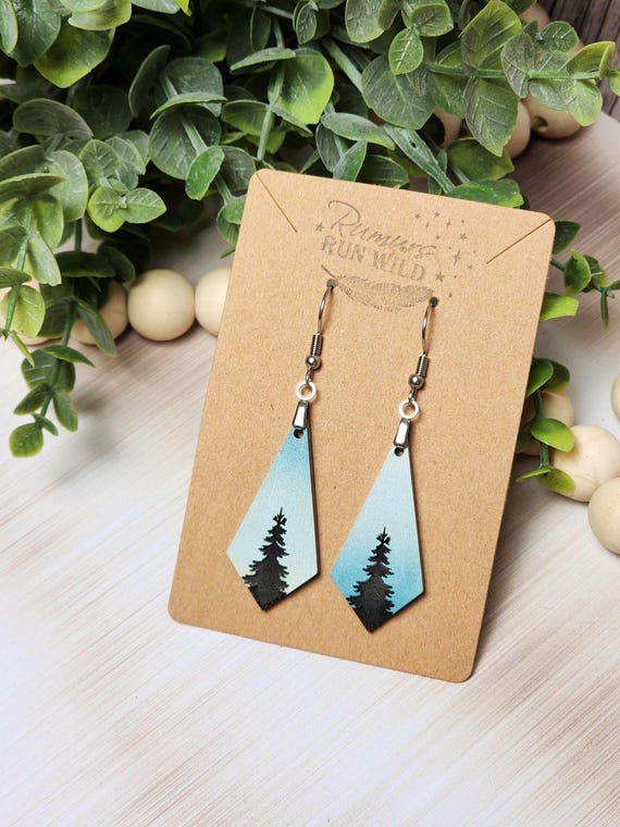 Cute Tree Earrings for Her, Blue Sky Earrings with Engraved Trees, Lightweight Dangle Nature Earrings, Forest Jewelry Gift for Girlfriend