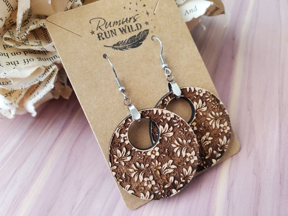 Floral Earrings Dangle, Engraved Wood Earrings Handmade, Plant Mom Gifts, 5th Anniversary Gift For Wife, Boho Earrings For Women, Best Gifts