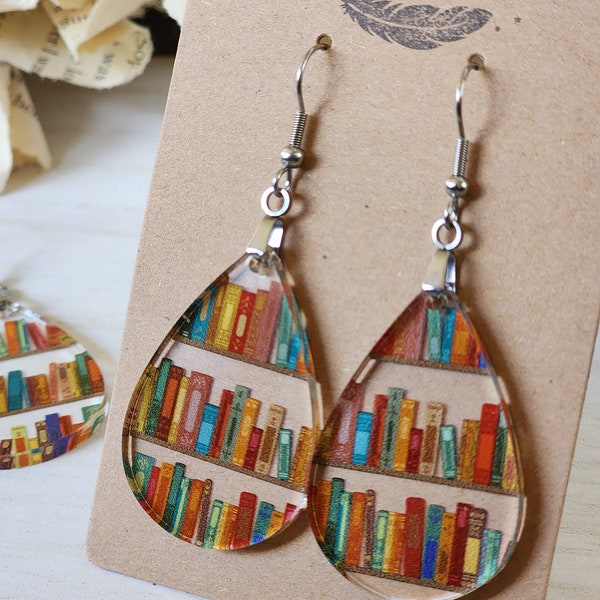 Fun Book Earrings, simple teardop earrings, with a book shelf pattern design, dangle earrings, Lightweight, gift for her, book lover gift