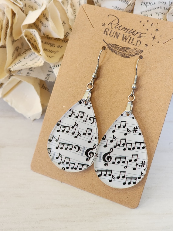 Fun Music Earrings, simple teardop earrings, with a music note pattern design, dangle earrings, Lightweight, gift for her, music lover gift