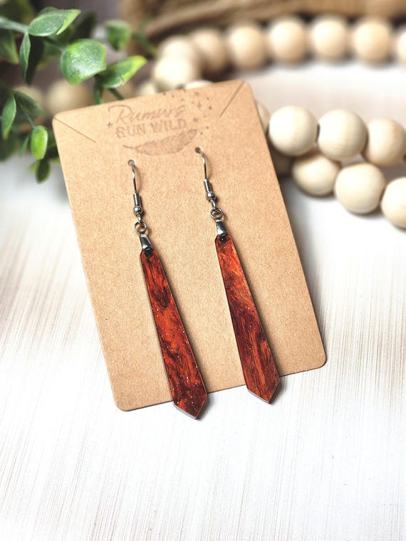 Copper Dangle Earrings for Mom, Everyday Earrings for Women, Thin Dangle Acrylic Earrings for Her, Lightweight Earrings in Copper Colors