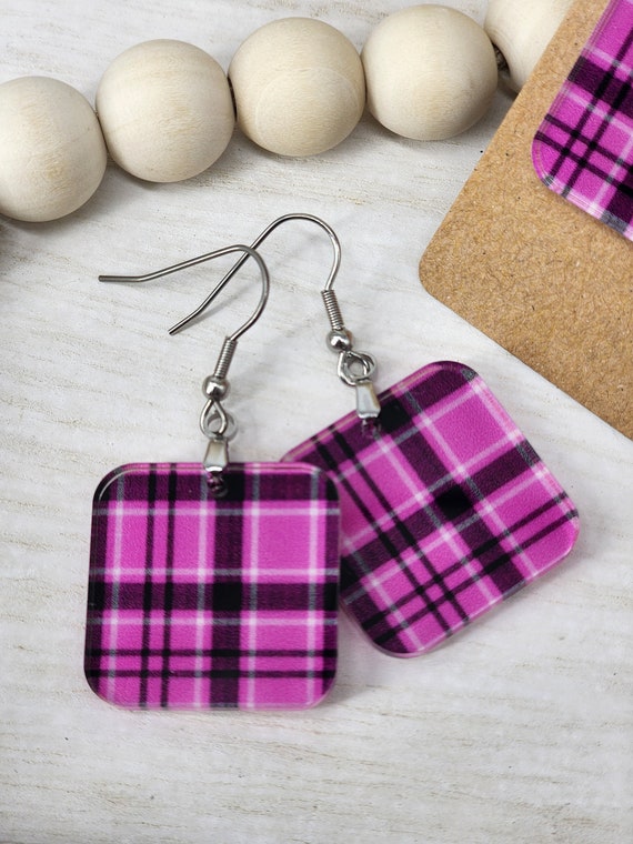 Pink Plaid Earrings, Small Dangle Earrings for Her, Bright Pink Earrings, Handmade Gift for Sister, Lightweight and Nickel Free Earrings