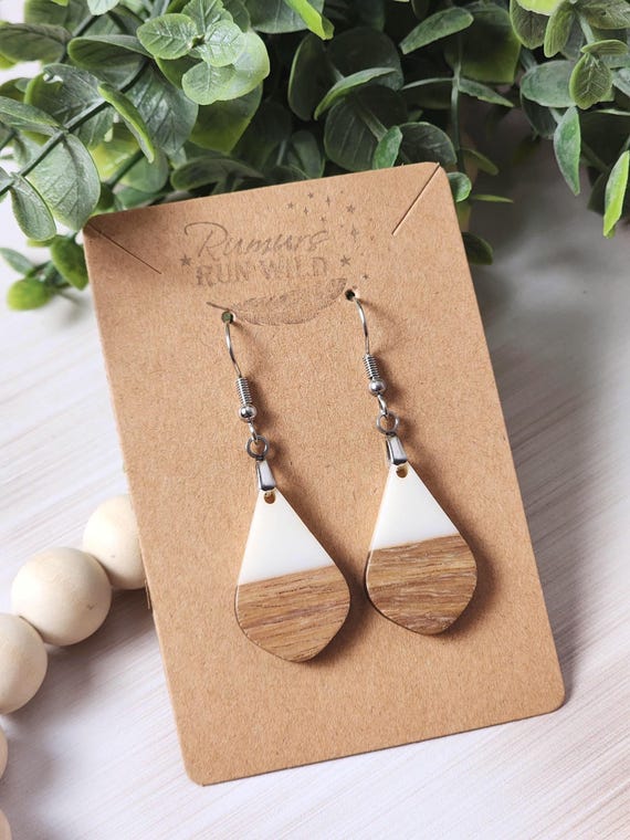 White Resin Wood Teardrop Earrings: Lightweight Boho Dangle Jewelry for Her