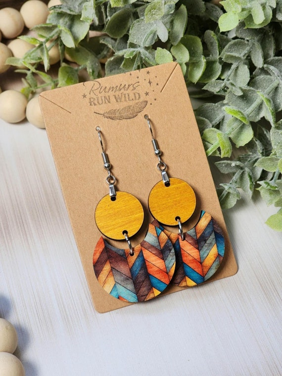Colorful Statement Earrings for Women, Wooden Boho Dangle Earrings for Mom, Yellow Lover Gift for Friend, Cute Handmade Trendy Boho Earring