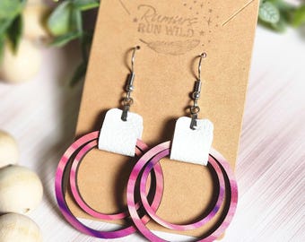Colorful Wood Hoop Earrings, Pink Purple Boho Earrings, Lightweight Leather Dangle Earrings, Statement Earrings for Women