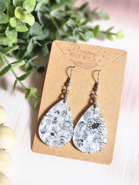 Silver Floral Earrings, Iridescent Doodle Flower Earrings, Lightweight Acrylic Dangles, Clearance