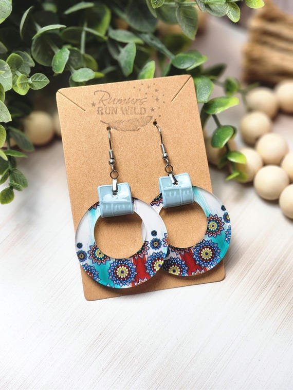 Boho Earrings, Mandala Statement Earrings with Bohemian Vibe, Blue Boho Dangle Earrings, Hypoallergenic Vegan Leather Jewelry