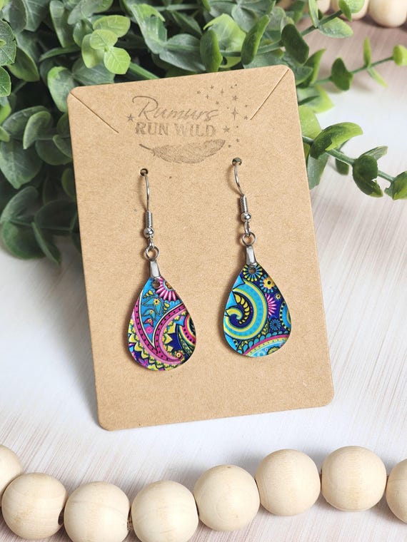 Colorful Paisley Mini Teardrop Earrings, Boho Hippie Earrings, Retro Western Jewelry Gift, Front Facing Acrylic Dangles, Nickel Free