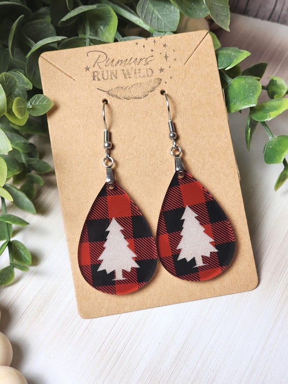 Engraved Christmas Tree Teardrop Earrings: Red Buffalo Plaid Lightweight Jewelry, Christmas Earrings