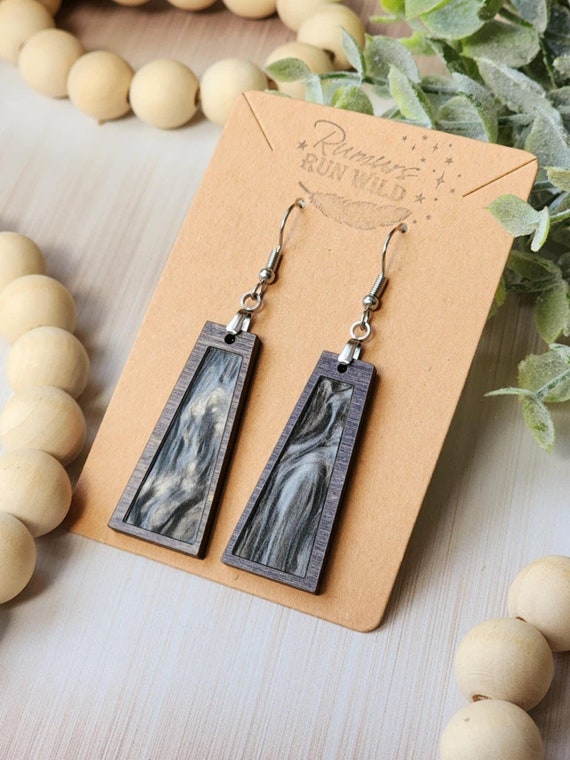 Silver and Dark Gray Statement Earrings for Women, Modern Minimalist Jewelry for Mom, Unique Earrings Handmade, Trendy Wood Dangles for Her