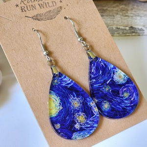 Starry Night Inspired  Earrings, teardop earrings, with a Van Gogh art pattern, dangle earrings, Lightweight, gift for her, artsy, unique