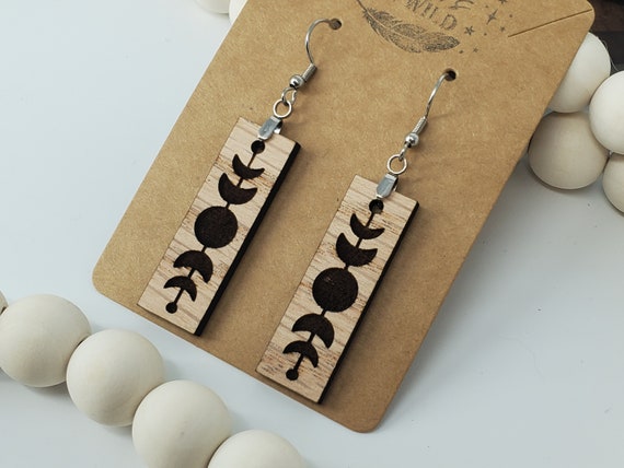 Moon Phase Engraved Wooden Bar Earrings, Earrings for Her, Nature Themed Earrings, Lightweight Dangle Earrings, Stocking Stuffer, Astrology