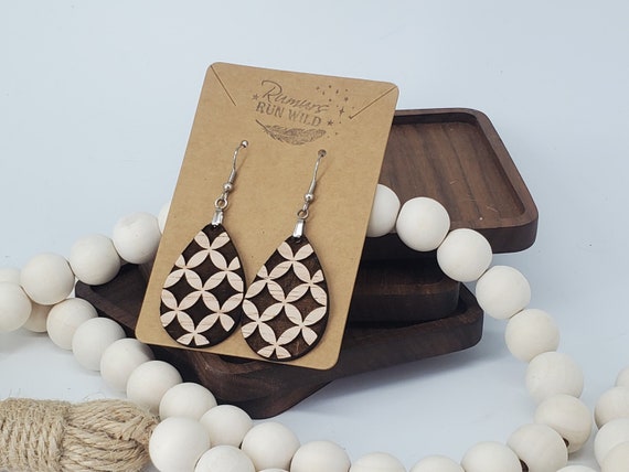 Patterned Engraved Wooden Teardrop Earrings, Earrings for Her, Fun Earrings, Lightweight Dangle Earrings, Stocking Stuffer for Her, Trendy