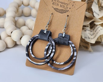 Black & White Wood Boho Earrings: Faux Leather Dangle Earrings
