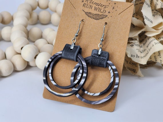 Black and White Boho Earrings, Colorful Earrings, Big Boho Earrings, Handmade Wood Dangle Boho Earrings, Gift for Her, Artsy Earrings