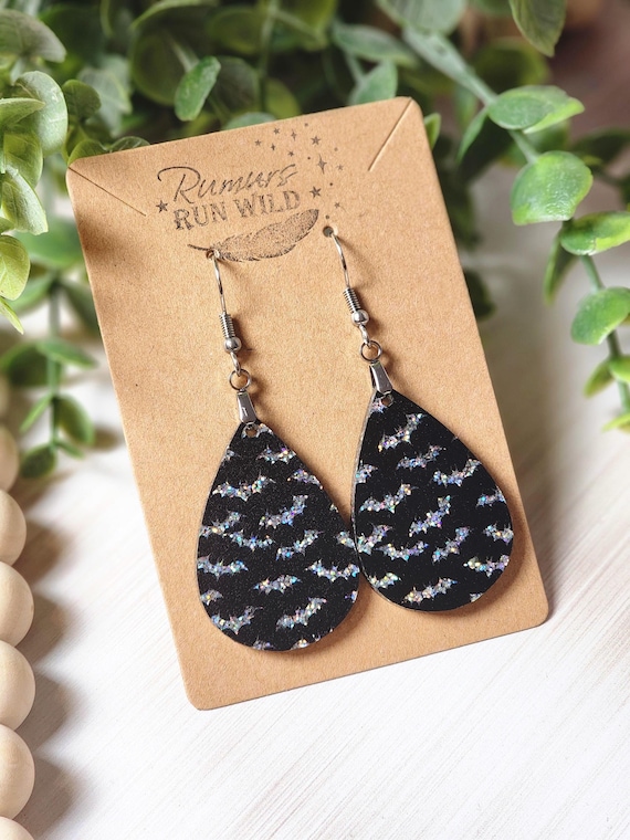 Bat Halloween Earrings: Lightweight Teardrop Spooky Jewelry with Glitter Bats