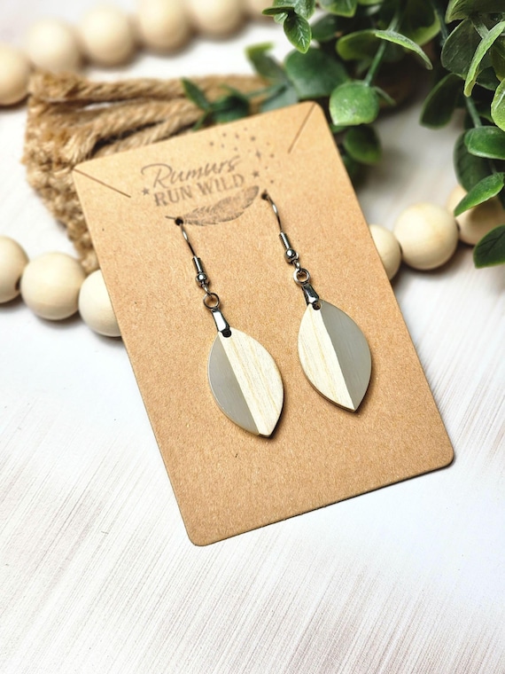 Grey Resin Wood Earrings, Handmade Lightweight Dangle Earrings, Nature Inspired Jewelry, Neutral Boho Style Gift for Her, Light Gray Earring