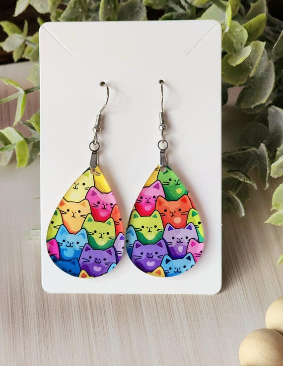 Cat Earrings fo Her, Colorful Earrings for Cat Moms, Rainbow Cat Dangle Earrings, Pet Mom Gifts, Lightweight Cat Mom Earring, Cat Lover Gift