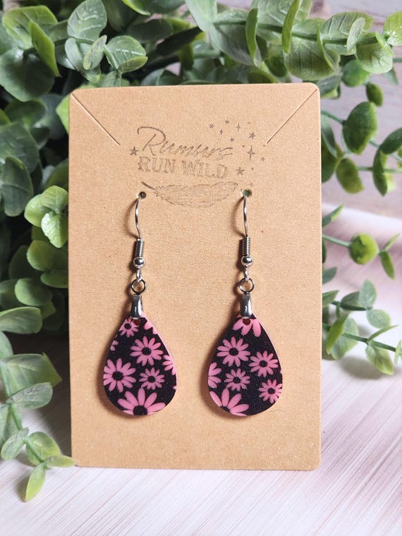 Pink Daisy Earrings: Black & Pink Floral Acrylic Dangle Earrings