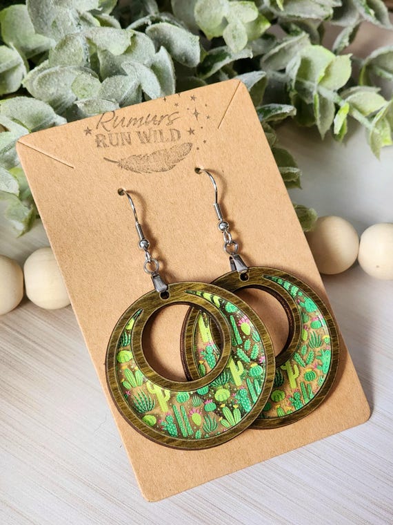 Green Cactus Dangle Earrings for Mom, Plant Lover Earrings for Women, Cute Plant Themed Gift for Plant Mom, Acrylic and Wood Hippie Earrings