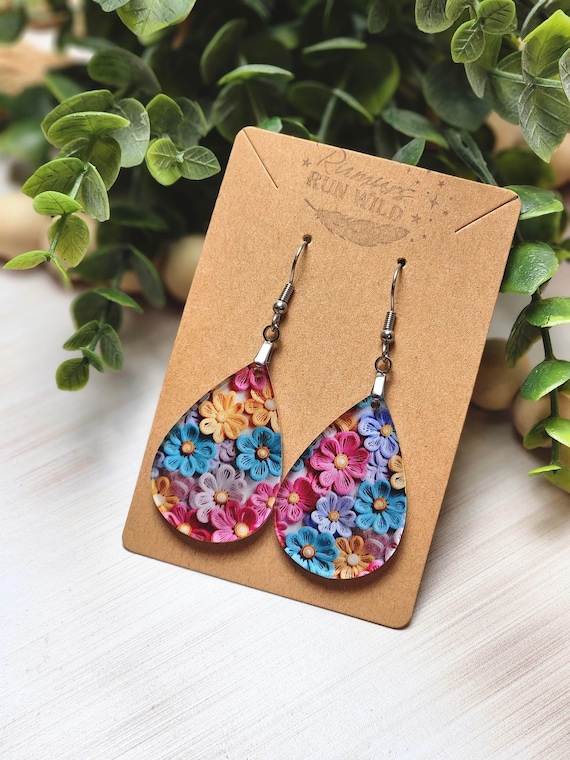 Bright Floral Teardrop Earrings, Lightweight Spring Flower Jewelry for Mom, Pastel Colored Summer Earrings