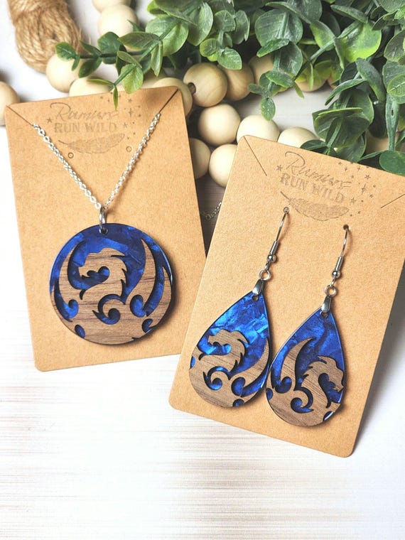 Dragon Earrings and Necklace Set in Dark Blue, Fantasy Earrings for Dragon Lovers, Castlecore Jewelry for Women, Whimsical Jewelry Set