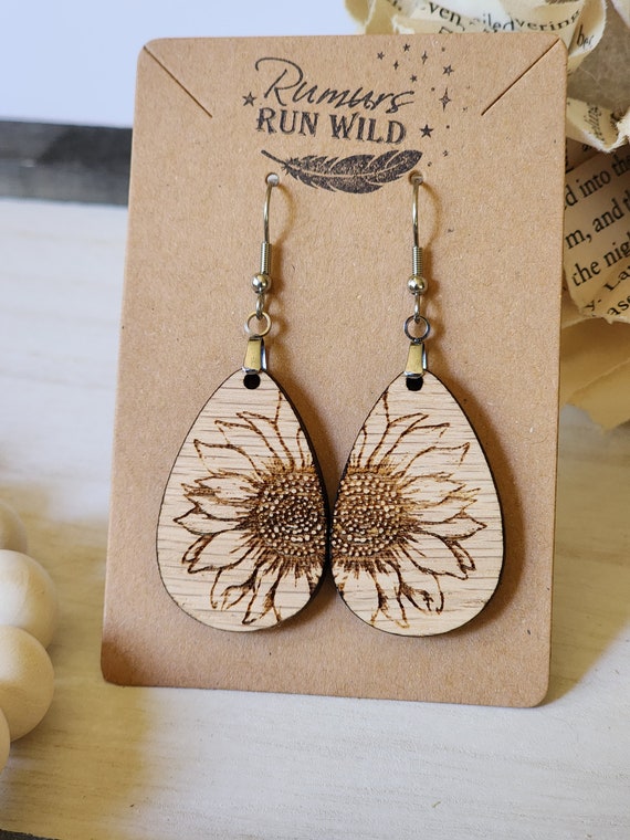 Sunflower Engraved Wooden Teardrop Earrings, Earrings for Her, Nature Themed Earrings, Lightweight Dangle Earrings, flower earrings, natural
