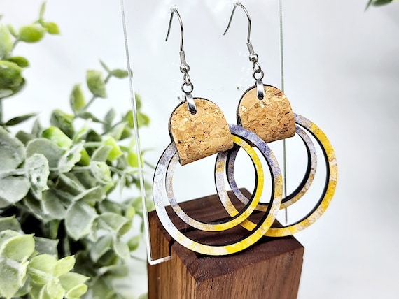 Wood Circle Earring, Blue & Yellow Spring Dangle Boho Earring, Gift for Mom, Colorful Earring, Birthday Gift for Girlfriend, For Best Friend
