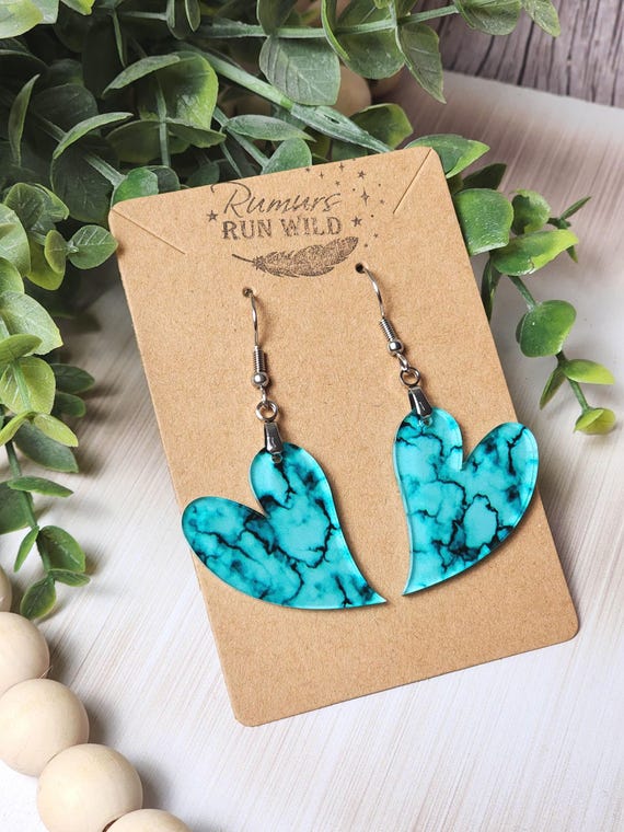 Turquoise Earrings in a Heart Shape, Unique Dangle Earrings in Bright Turquoise Swirls for Her, Lightweight Jewelry with Nickle Free Hooks