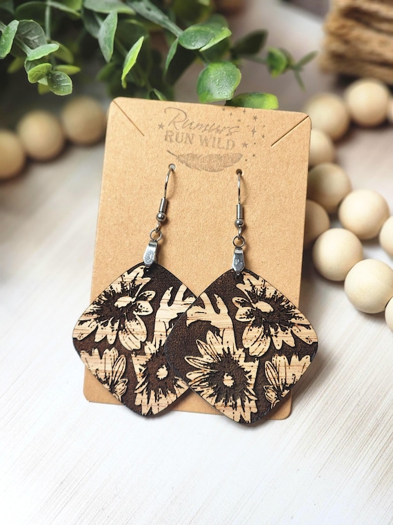 Large Wooden Boho Earrings for Her, Engraved Flower Earrings, Lightweight Wood Floral Earrings for Mom, Boho Chic Style for Girlfriend