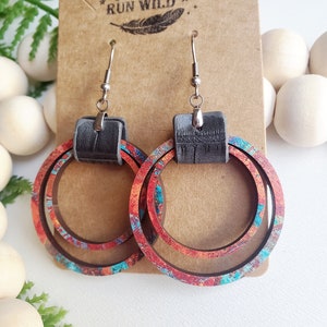 Rustic Wood Circle Earrings: Boho Faux Leather Lightweight Earrings