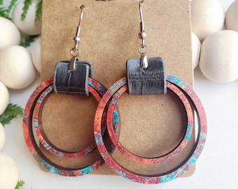 Rustic Wood Circle Earrings: Boho Faux Leather Lightweight Earrings