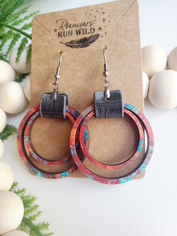 Rustic Boho Earrings - Lightweight Earrings - Bohemian Earrings - Wood Earrings with Faux Leather - Rustic Circle with Boho Vibe