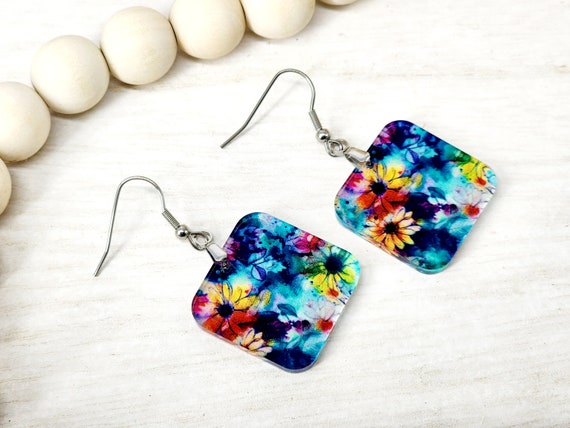 Blue Flower Print Dangle Earring Birthday Gift for Mom, Bright Spring Earring Square, Lightweight Colorful Floral Earring for Girlfriend