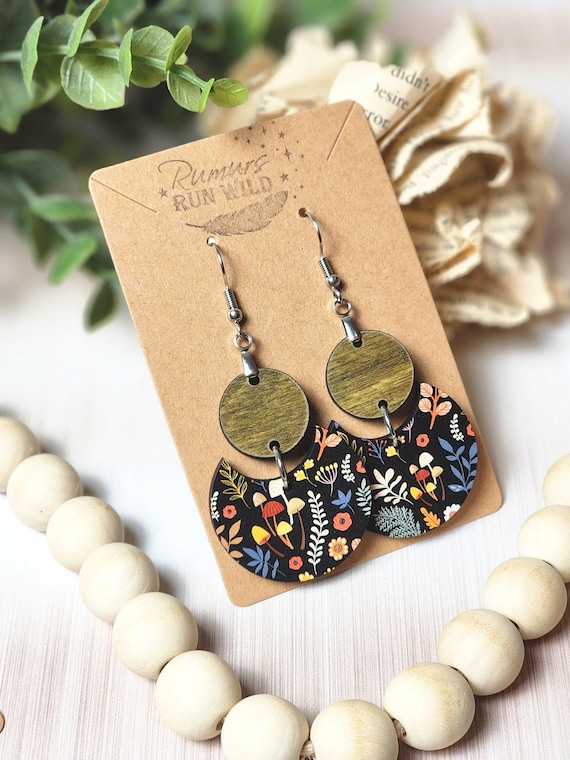 Boho Wooden Dangle Earrings: Mushroom Cottagecore Jewelry for Her, Nature Themed Earrings for Daughter