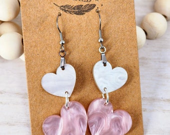 Valentine's Heart Earrings for Women, Dangle Earring Gift for Her, Pink Hearts Jewelry, Valentine's Day Gift for Women, Shimmery Statement