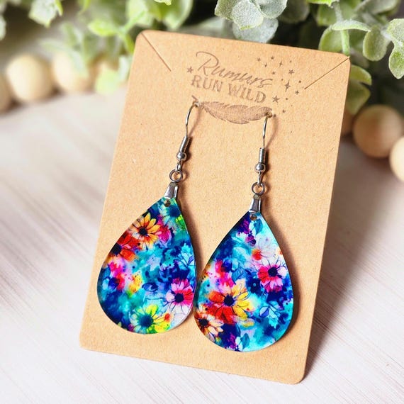 Bright Floral Teardrop Earring Gift for Her, Lightweight Spring Watercolor Flower Earring for Mom, Boho Colorful Statement Jewelry for Women
