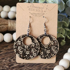 Floral Engraved Wood Earrings: Boho Red Oak Dangle Earrings