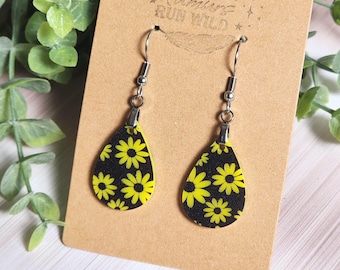 Yellow Daisy Earrings: Black & Yellow Floral Mini Acrylic Dangle Earrings