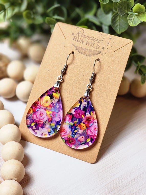 Bright Floral Teardrop Earring Gift for Her, Lightweight Spring Watercolor Flower Earring for Mom, Colorful Summer Rose Jewelry for Women