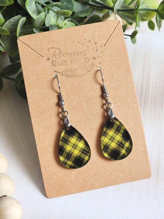 Black and Yellow Plaid Earrings, Mini Teardrop Earrings, Lightweight Dangles, Buffalo Plaid Jewelry, Fall Earrings Gift for Her