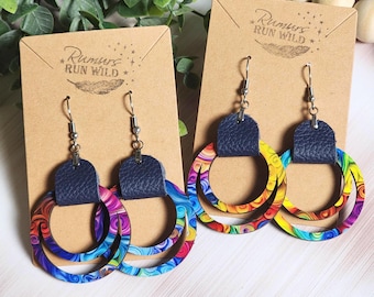 Colorful Wood Earrings, Rainbow Swirl Boho Earrings, Leatherette Dangle Earrings, Bright Statement Jewelry, Lightweight Gift for Her