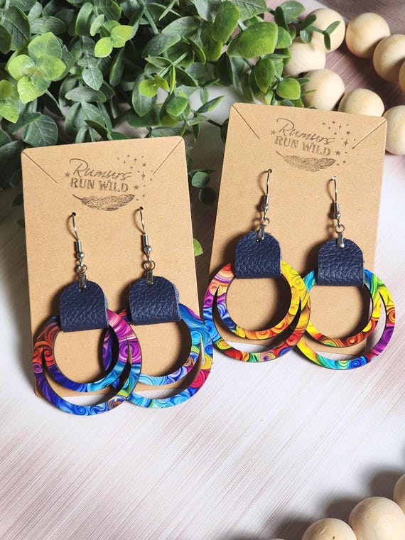 Colorful Wood Earrings, Rainbow Swirl Boho Earrings, Leatherette Dangle Earrings, Bright Statement Jewelry, Lightweight Gift for Her