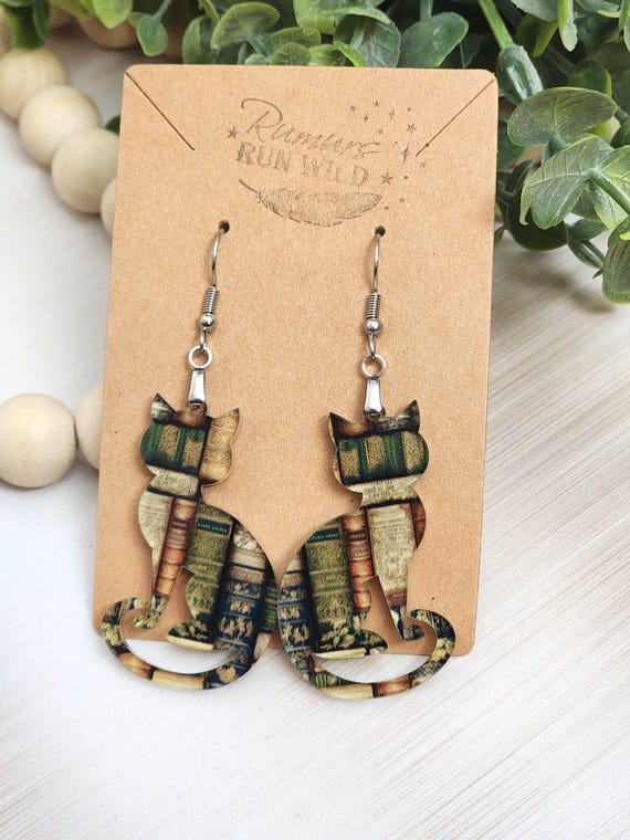 Cat Earrings, Book Lover Earrings, Teacher Gift Earrings, Bookish Cat Jewelry, Library Earrings, Reading Lover Gift, Cute Cat Dangles