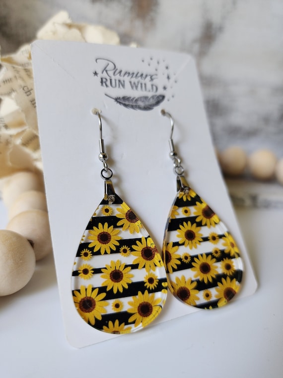 Sunflower Earrings, teardop earrings, with a sunflower black stripe pattern, dangle earrings, Lightweight, gift for her, Nature themed