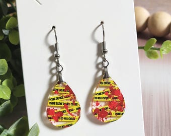 Crime Scene Tape Earrings, Bloody Halloween Mini Earrings, Horror Acrylic Dangles, Spooky True Crime Jewelry, Lightweight Halloween Gift