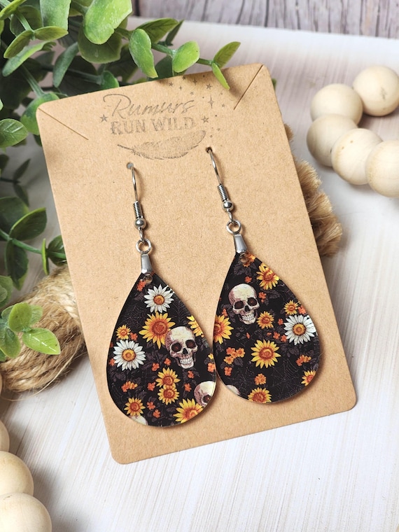 Gothic Skull and Flower Teardrop Earrings, Lightweight Halloween Dangles for Her, Halloween themed Gift for Her